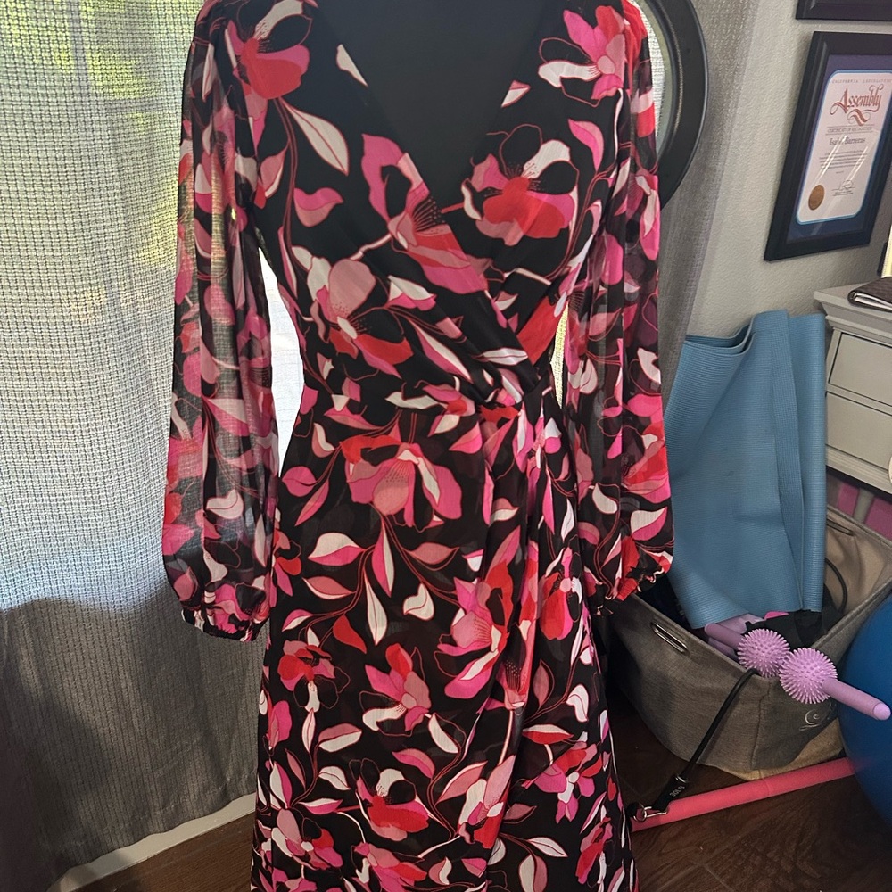 Guess Pink and Black Floral Long Sleeve Dress